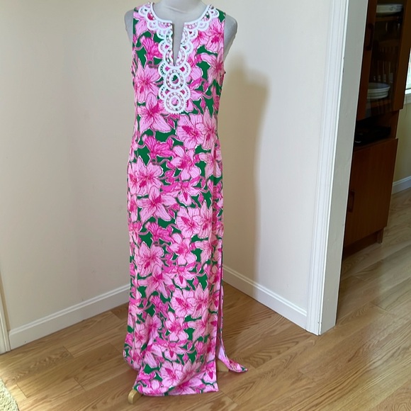 New! Lilly pulitzer kelly green and pinkElliotta maxi shift dress in Sz 4.